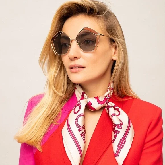 New authentic💯- CHLOE CH0024S 002 Round Gold Pink Grey 60 mm Women's Sunglasses - Picture 6 of 14